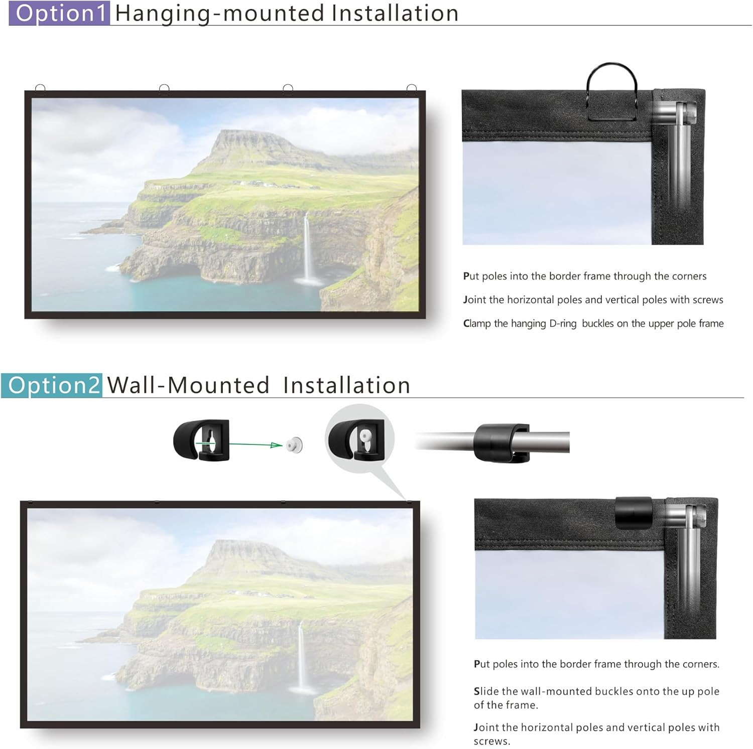 Portable Projector Screen 120 Inch with Combined Pole Frame Black Backing Silver
