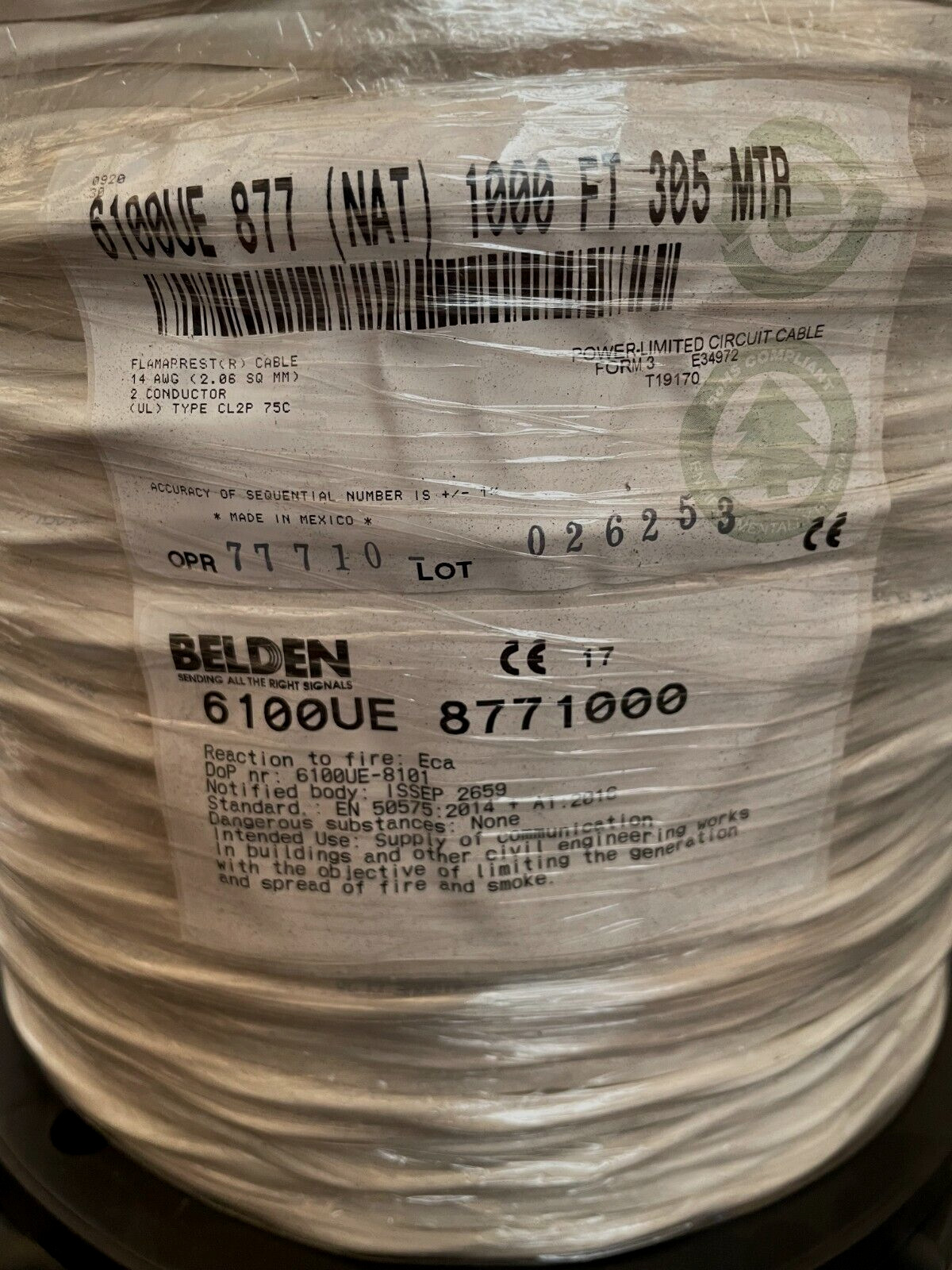 BELDEN 6100UE 8771000 NATURAL 1,000 FT. 305MTR LOT: 026253 NEW