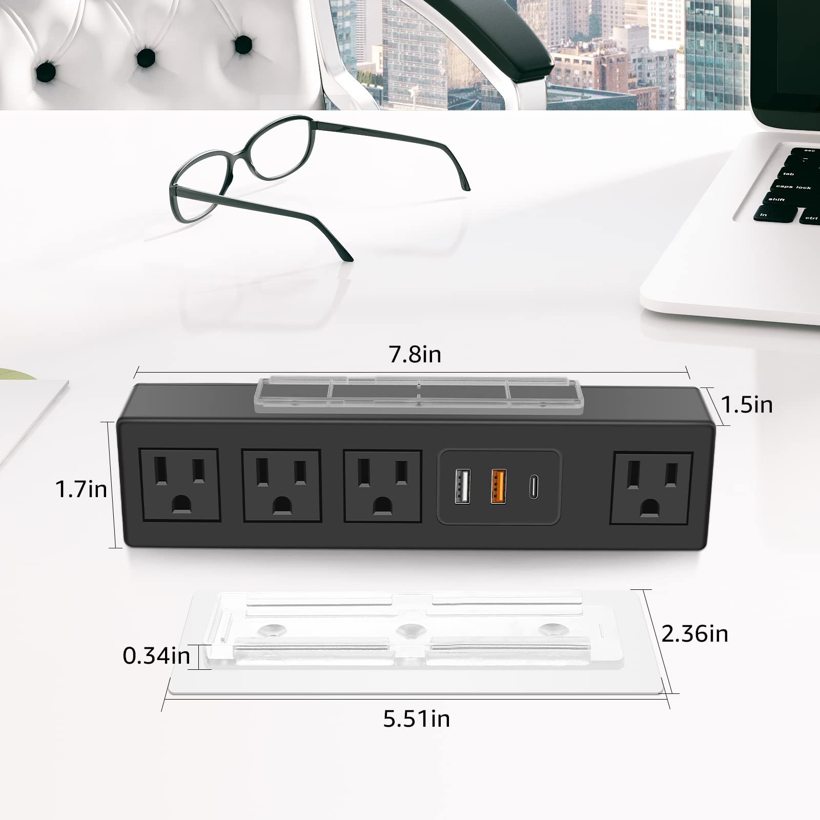 Under Desk Power Strip with 3M Adhesive, Removable Under Desktop Mount Plug w...