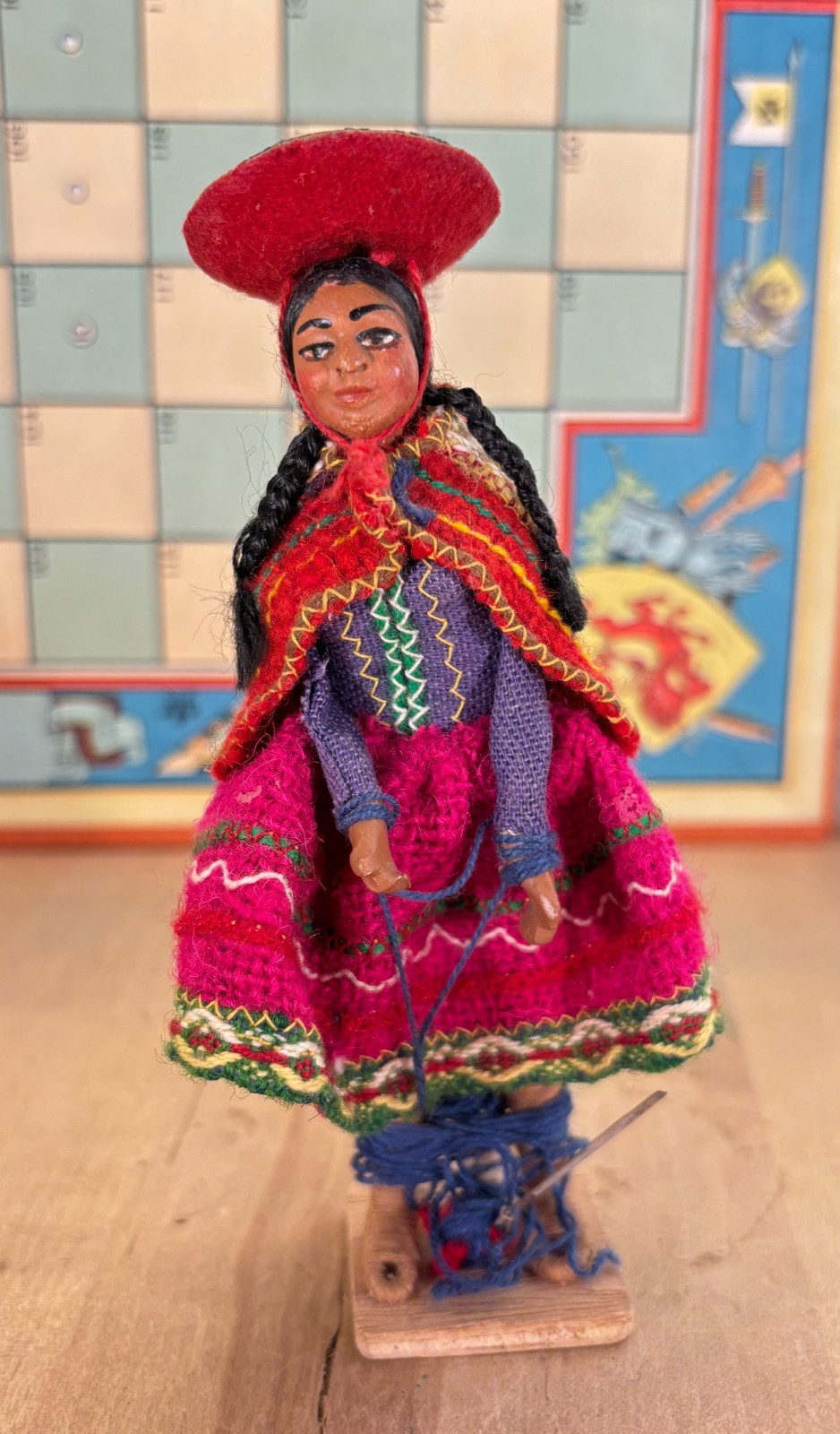 Vintage Peruvian Folk Art Doll Handcrafted Woman in Orig Dress, 5"
