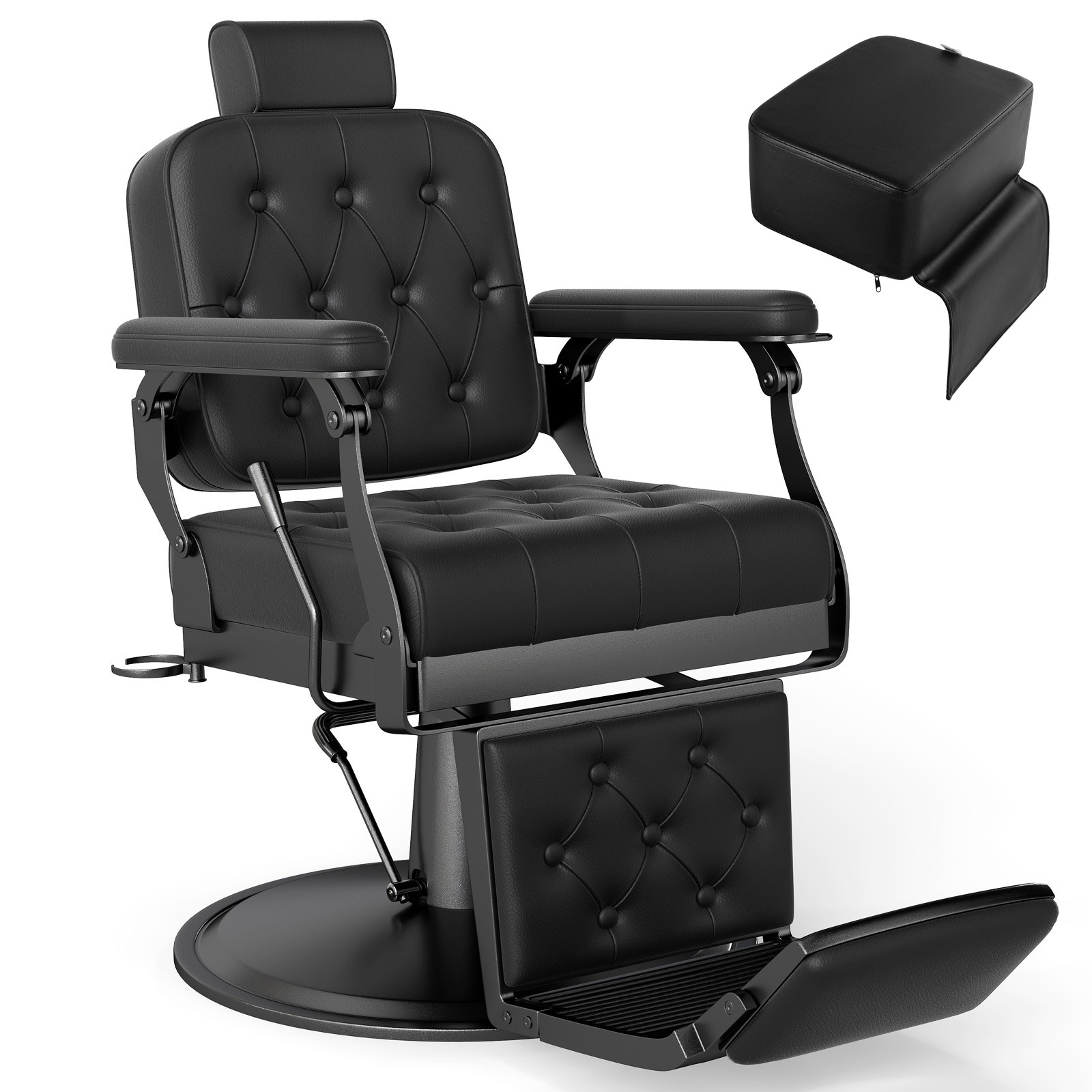 Black Vintage Recline All Purpose Barber Chair Hydraulic Beauty w/ Booster Seat