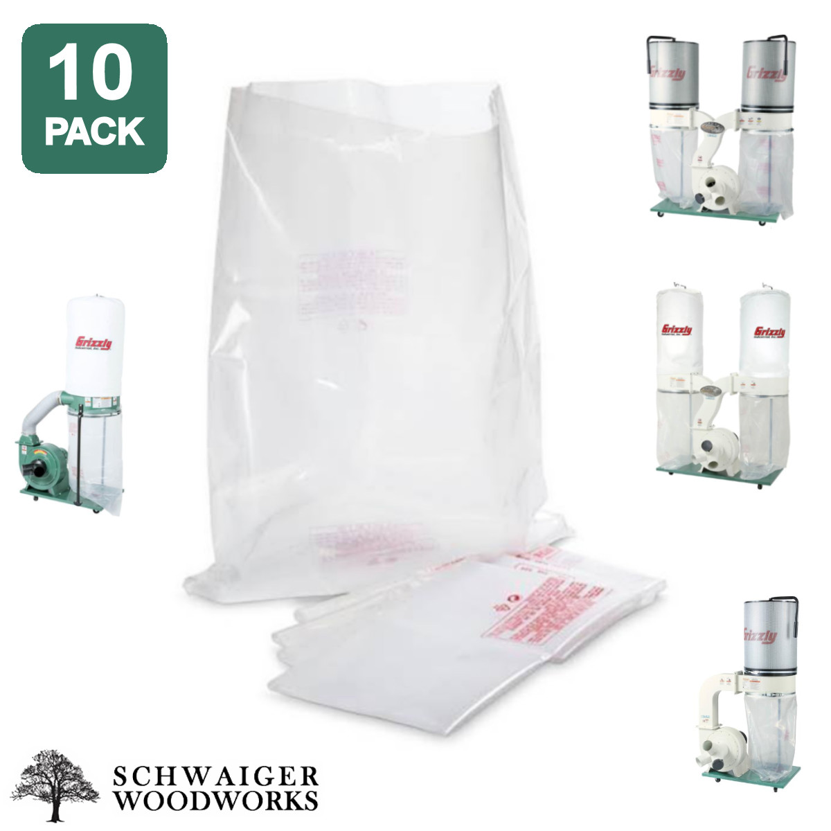 (10) Plastic Dust Collector Bags for Grizzly G0548ZP, G0562ZP, G1030Z2P, G1028Z2