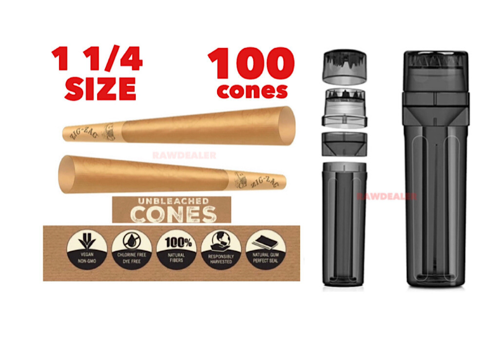 Zig Zag 1 1/4 size Unbleached Cone(100PK)+cone grinder filler storage 3in 1