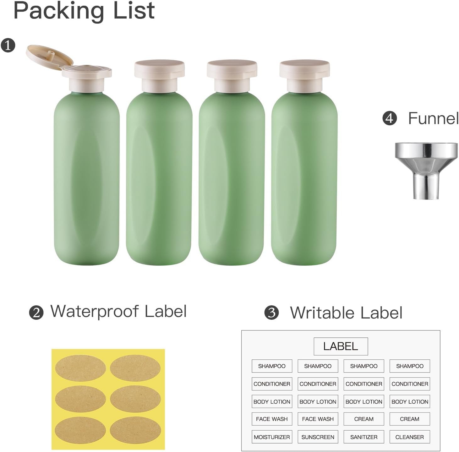 Empty Shampoo Bottles 6.7oz, Green Flip Cap Refillable Plastic, 4 Pack Set |
