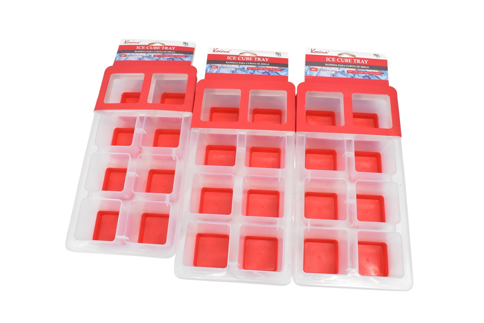Kocina Ice Cube Tray Set Of 3 Red Square 8-Cube Stackable Plastic KT-4052