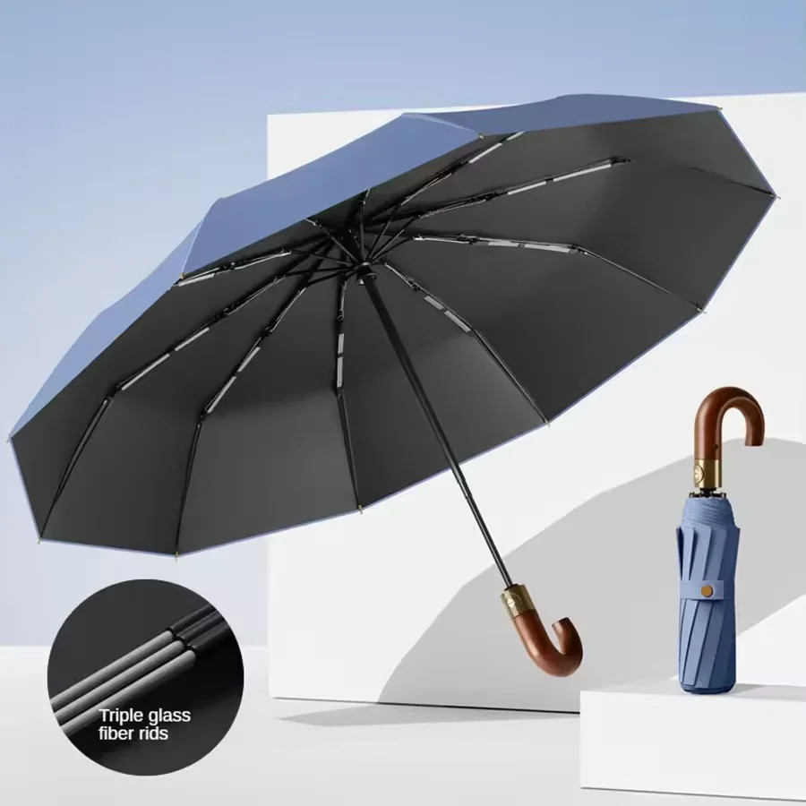 Fully automatic wooden handle curved hook windproof sunscreen folding umbrella