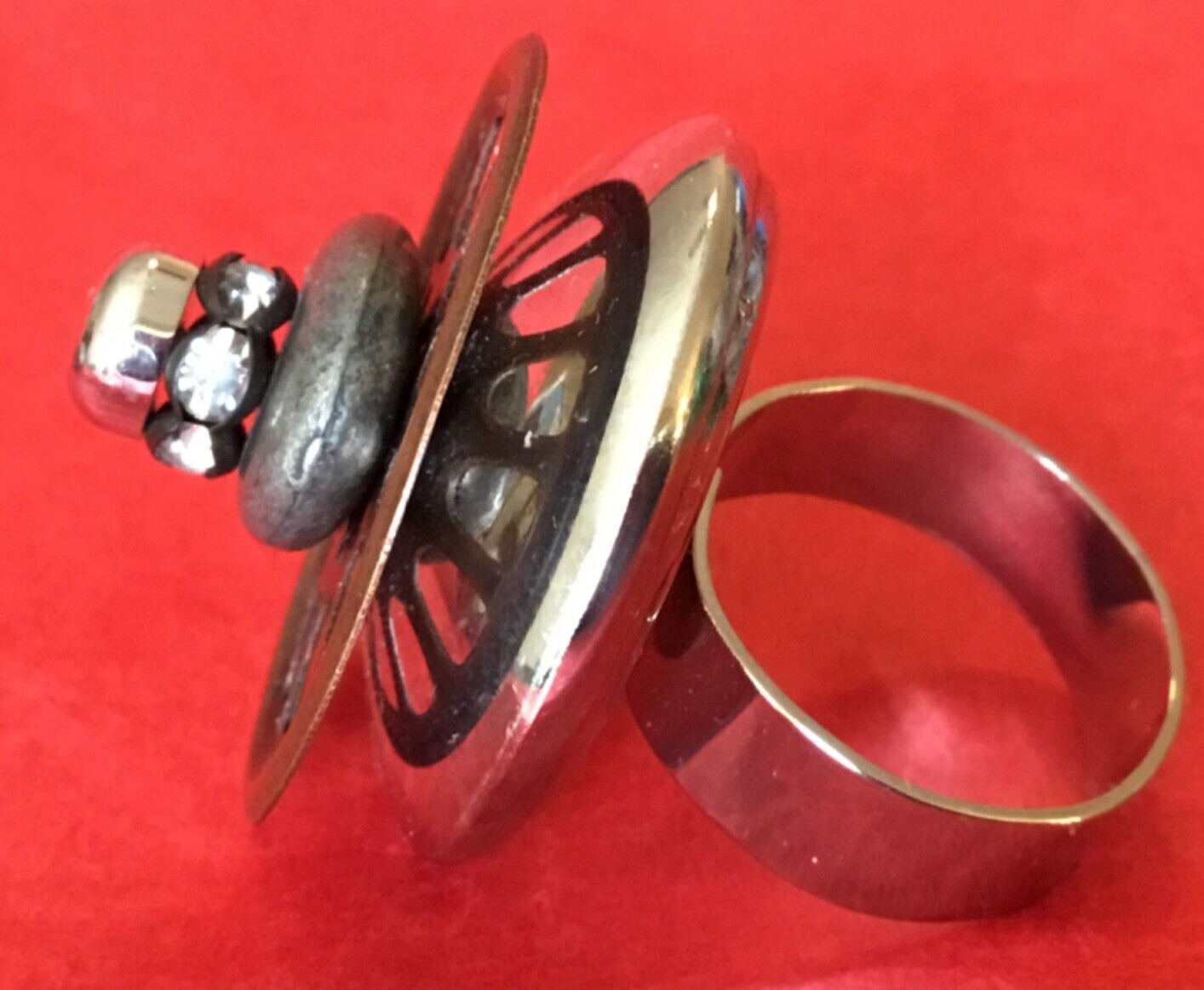 Handmade Large Steampunk Artist Designed Adjustable Ring Screw on Design Silver