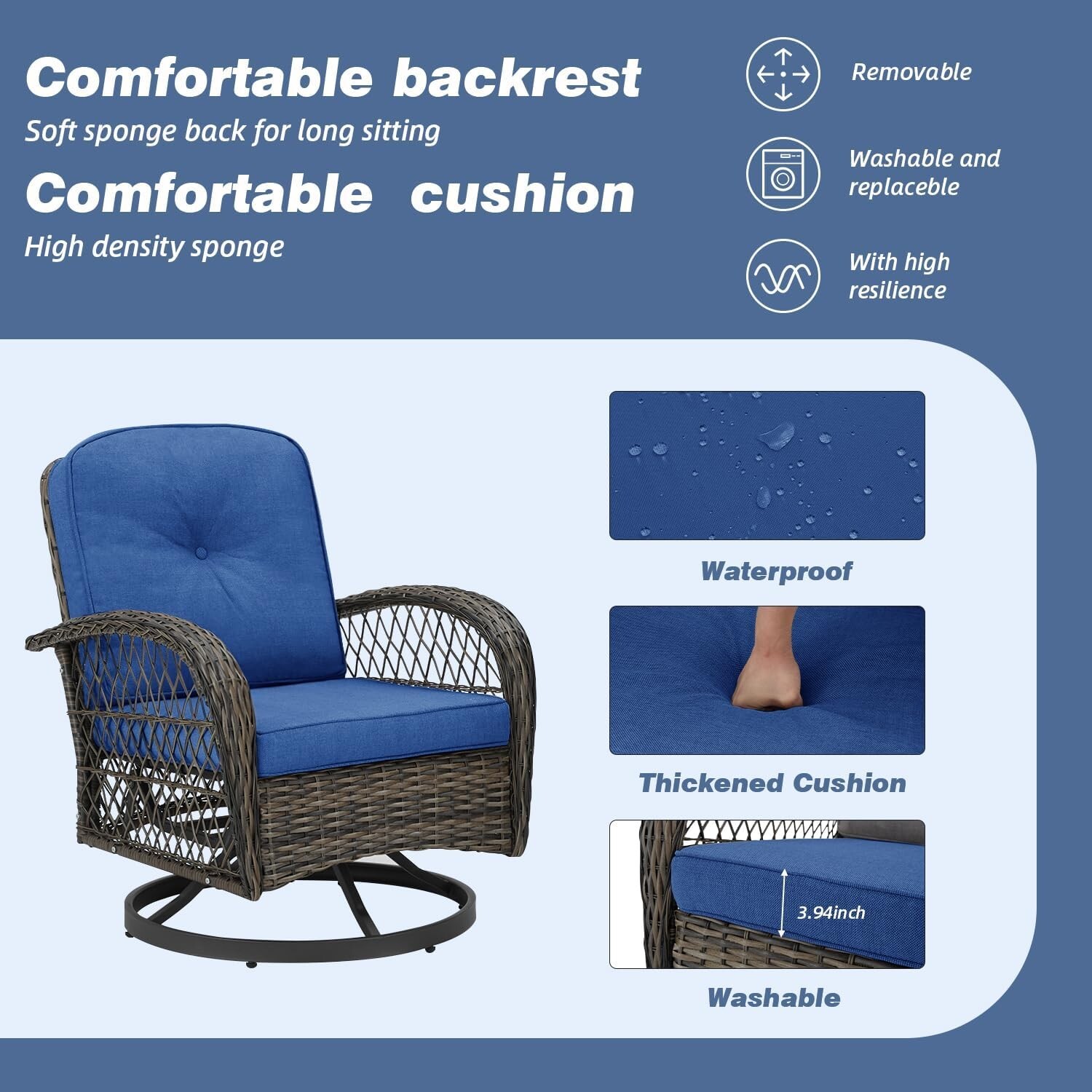 Rattan Conversation 3 Pc Furniture Set Patio BLUE Chairs All Weather Outdoor