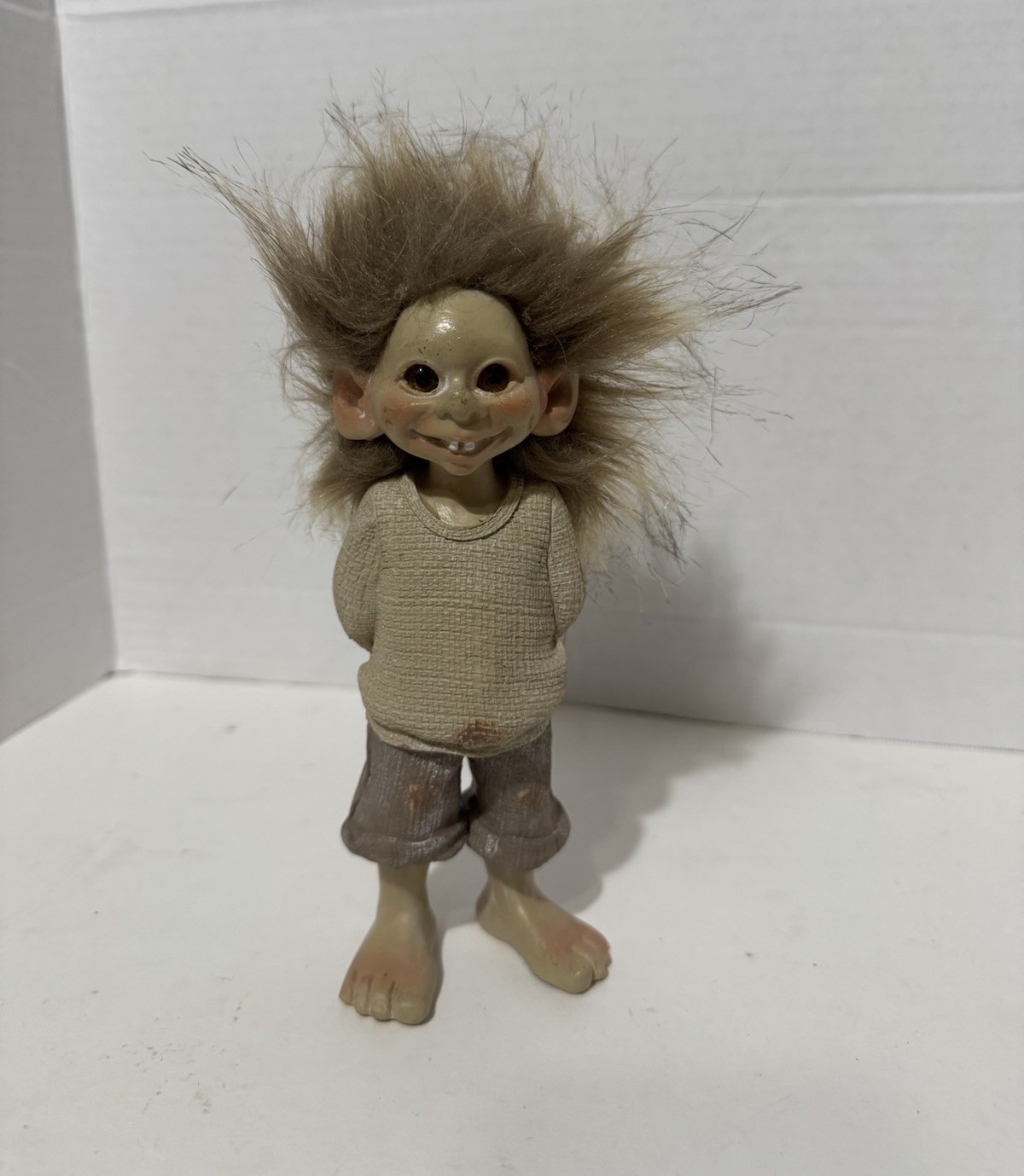 Vintage Troll Doll Figure 7” Resin Fur Hair Glass Eyes Collectible Figurine