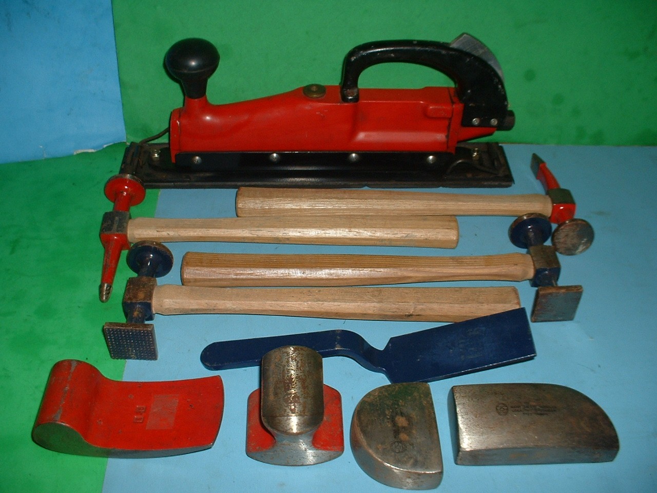 Vintage NAPA Auto Body Tools, 4 hammer, 4 dolly's, Spoon, Air Sander, tool lot