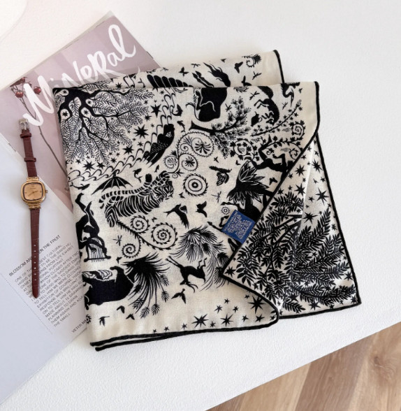 70% Cashmere 30% Silk Neckerchief Bird Forest Print Scarf 65X65cm Bandana Shawl