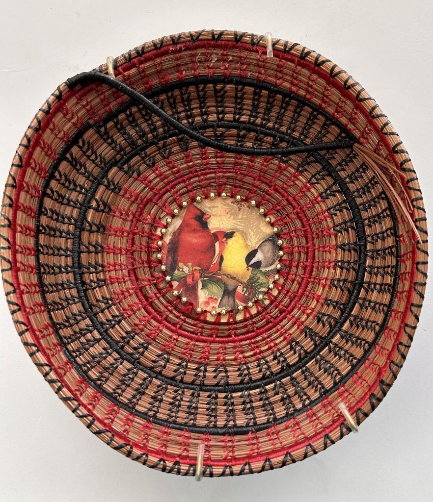 handmade grass coil basket 9" diameter wood bottom beaded round signed bird