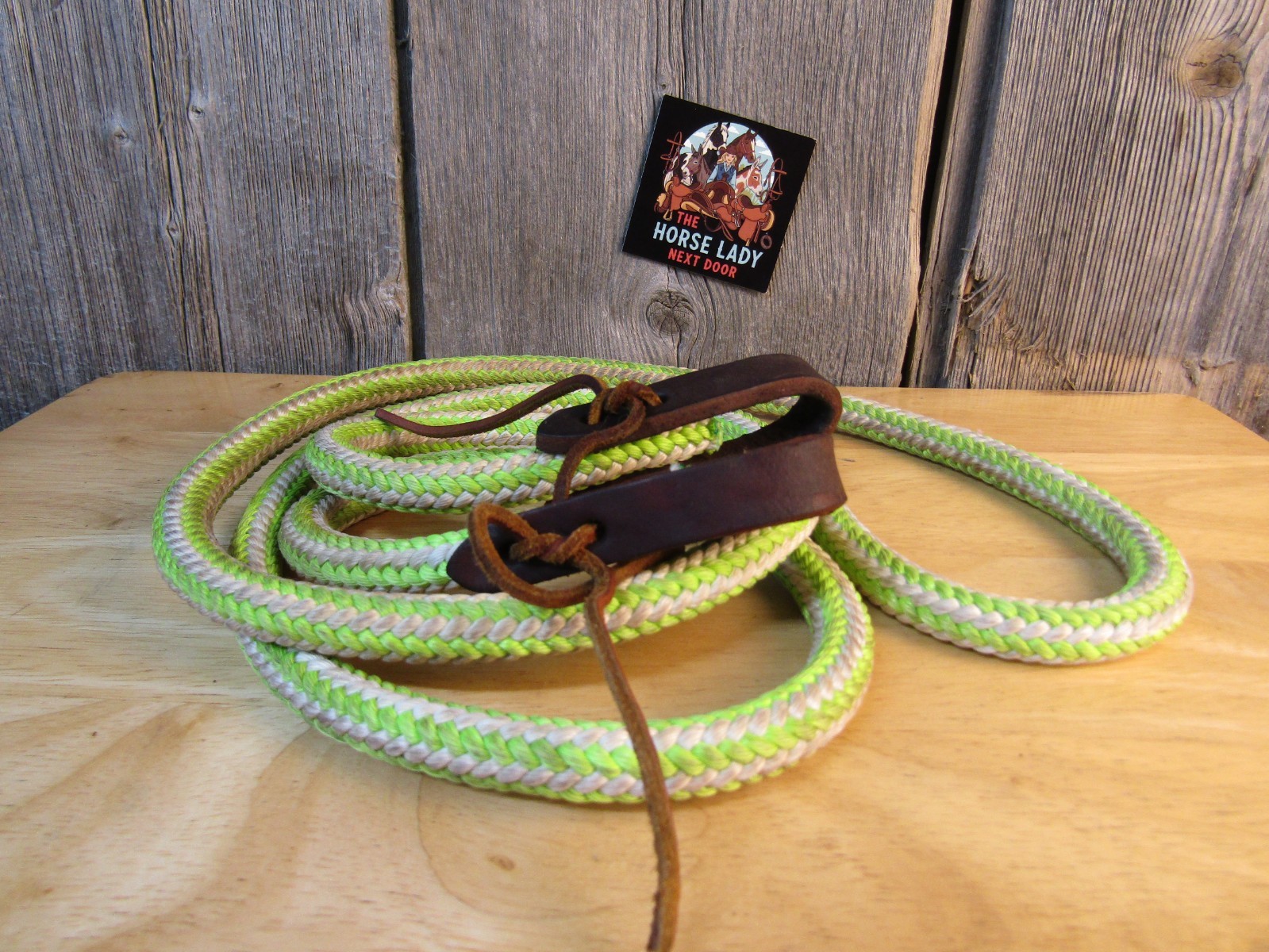 Lime Green and White thick Rope Reins with Leather Ends