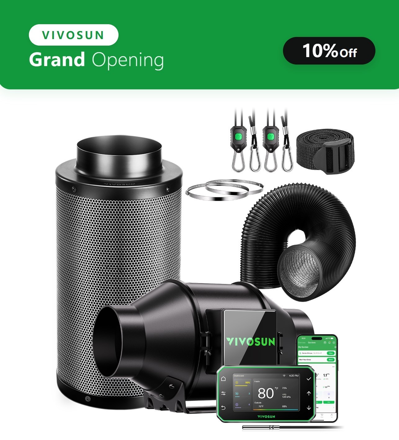 VIVOSUN Aerozesh G4 4" Smart Air Ventilation Kit E42A+ Inline Fan Carbon Filter