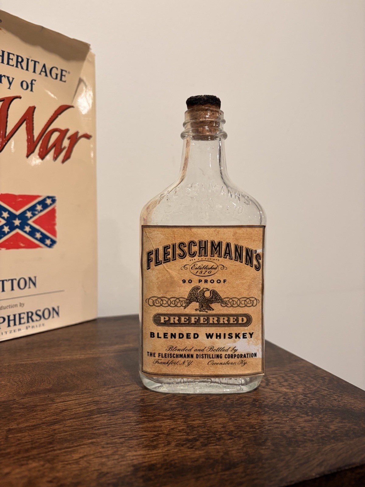 Vintage Embossed Clear Fleischmanns Whiskey Flask With Label