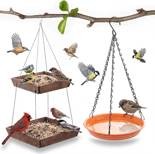 2 Tier Large Platform Cedar Bird Feeders with Round Hanging Birds Watering...