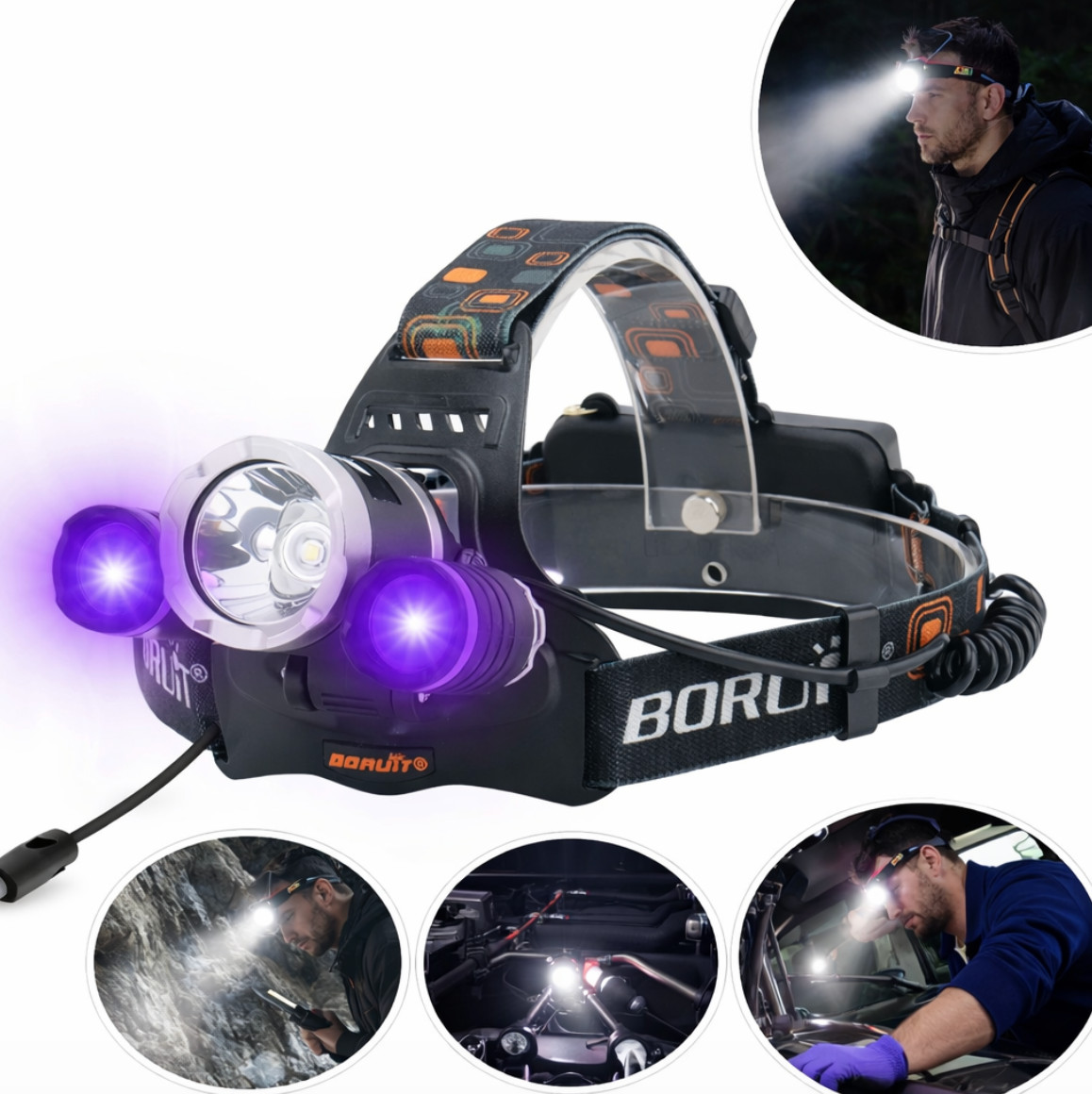 BORUiT RJ-3000 UV LED Headlamp 390nm 3000LM Type-C Rechargeable Waterproof