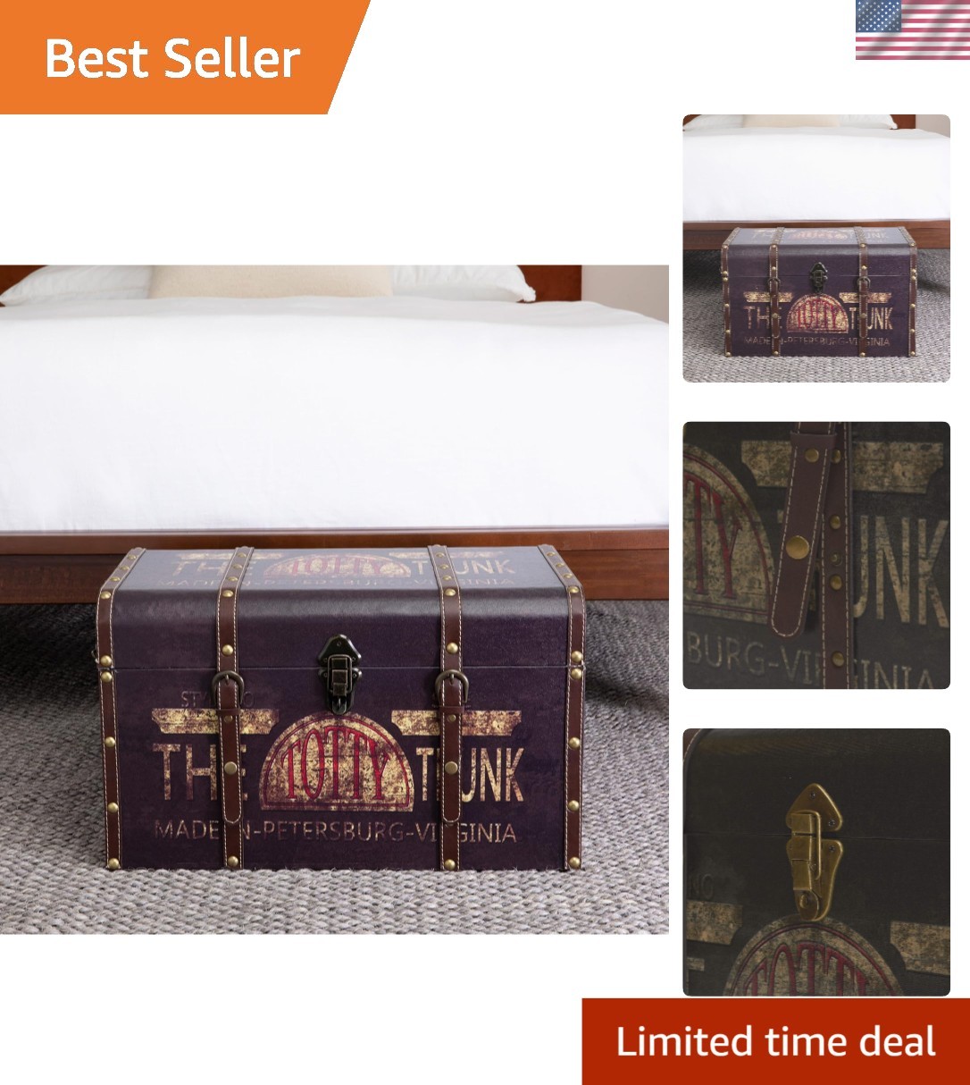Vintage Decorative Storage Trunk with Strong MDF Frame and Unique Leather Straps