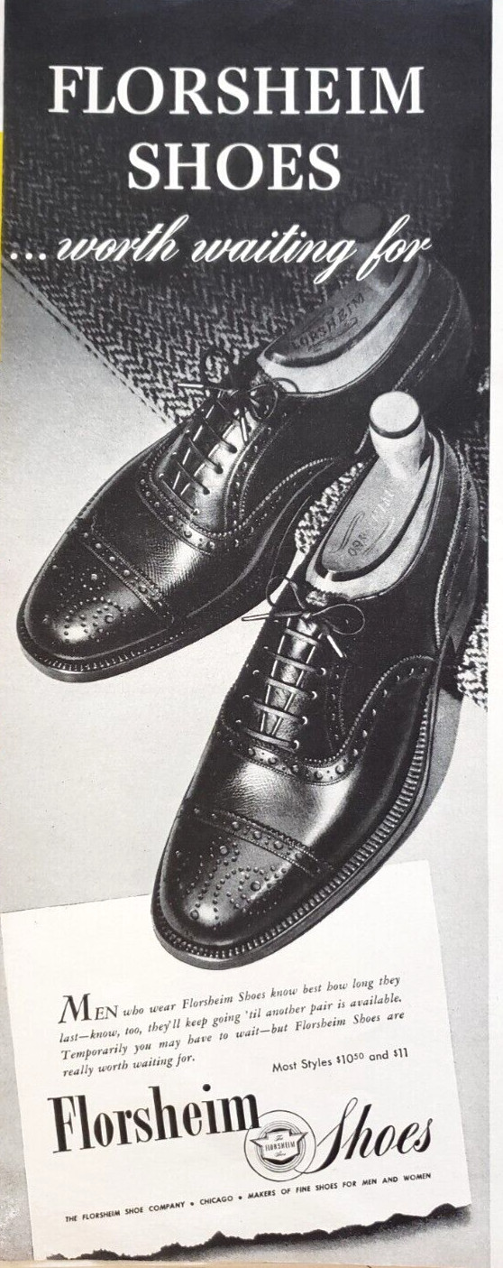 PRINT AD Florsheim Mens Shoes 1945 5x13 WWII Era Worth Waiting For Chicago