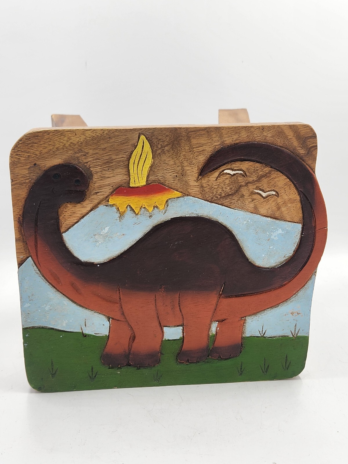 CARVED CHILDS DINOSAUR WOOD FOOTSTOOL - 10" Tall