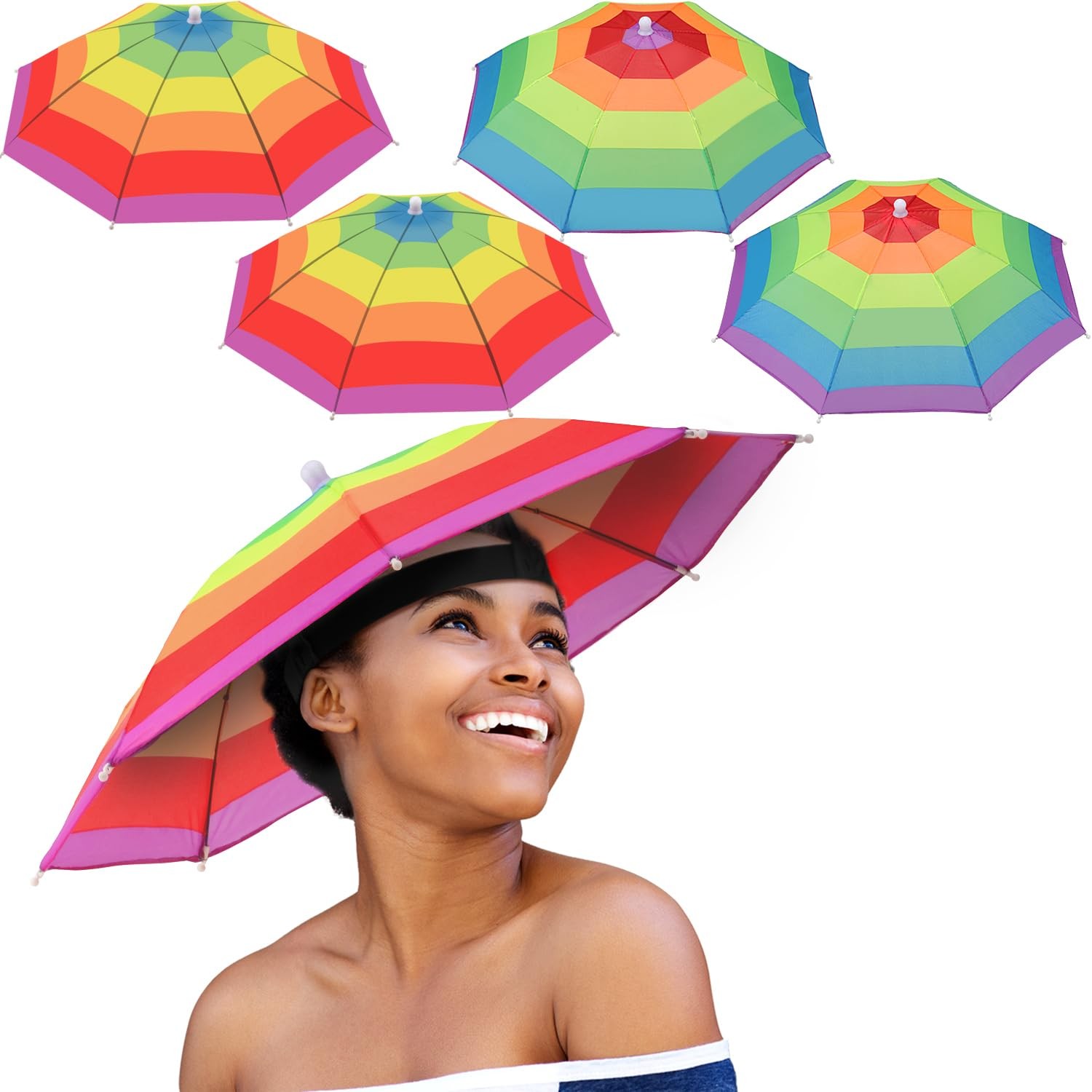 Syhood 4 Pieces Umbrella Hat with Elastic Band, Rainbow Waterproof Color Set 2