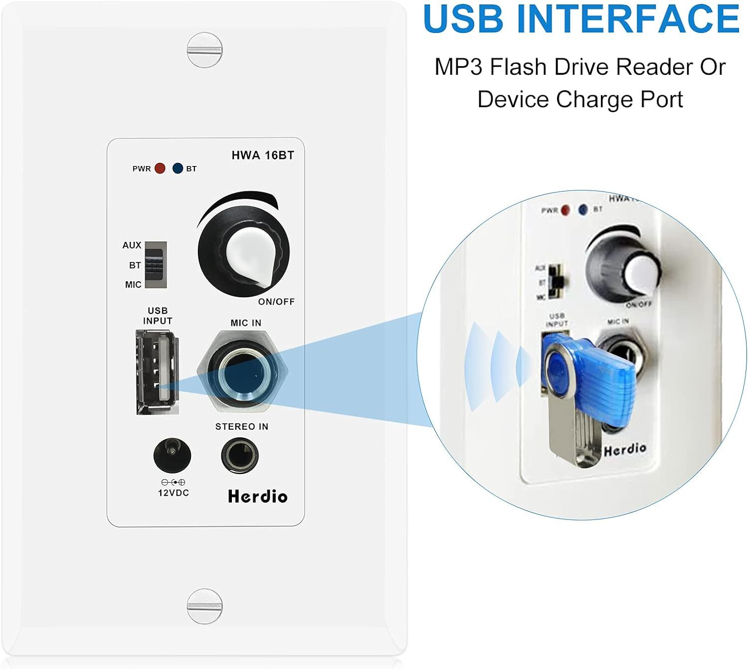 Herdio 300W Kitchen Ceiling Speakers Bluetooth Wall USB AUX Wall Mount Amplifier