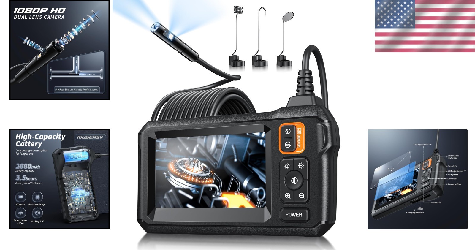 Endoscope with 4.3" Screen, 8 LED Lights, Waterproof