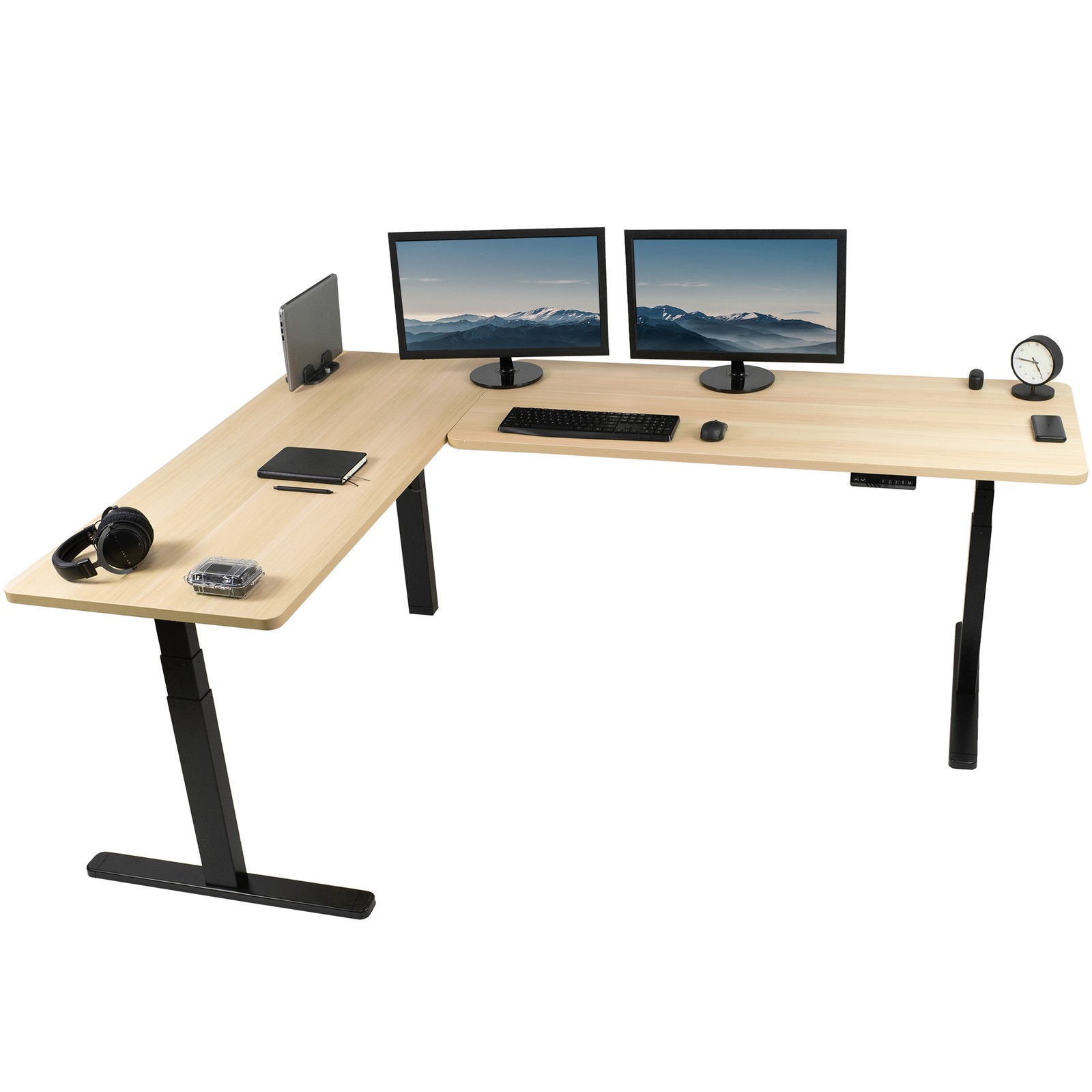 VIVO Electric 83" x 60" Stand Up Corner Desk, Light Wood Table Tops, Black Frame