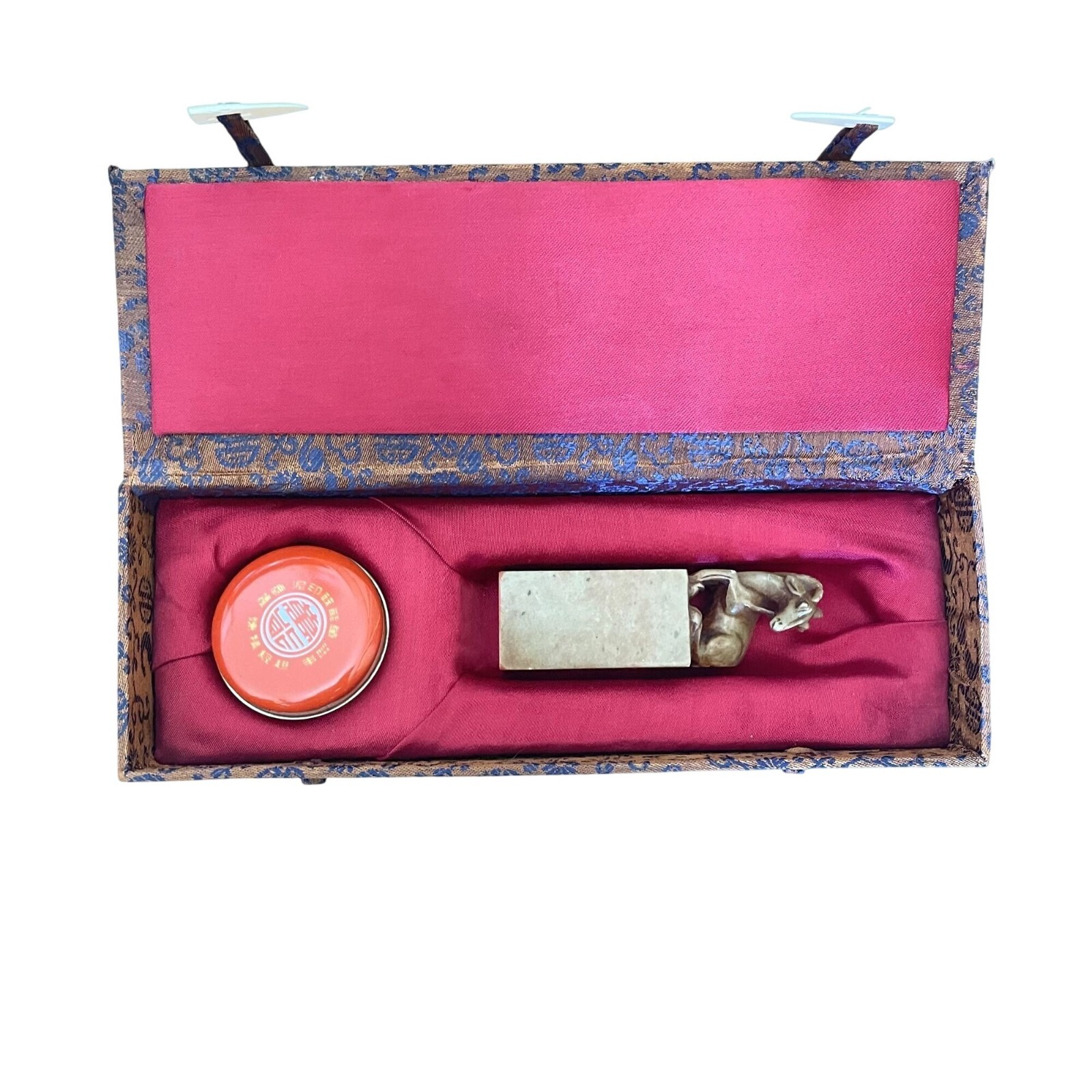 UNQ VTG Chinese Soapstone Goat/Ram Carving Stamp Set With Ink & Decorative Box