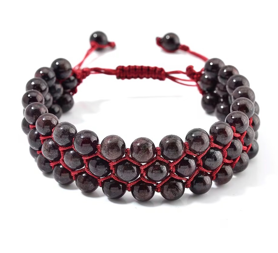 Handwoven Mozambique Garnet Beaded 140 ctw Three-Row Adjustable Bracelet (6-9In)