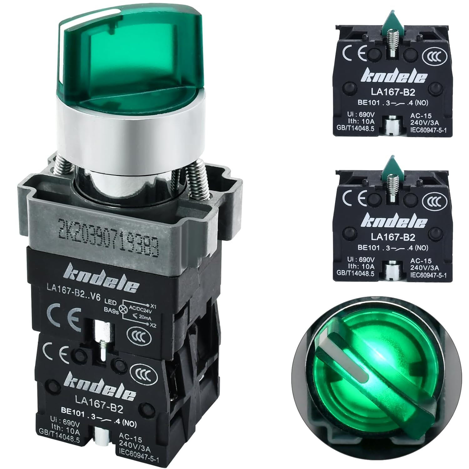 10Amp 22Mm 3 Position Rotary Selector Switch with 24V Green LED, 10A 660VAC