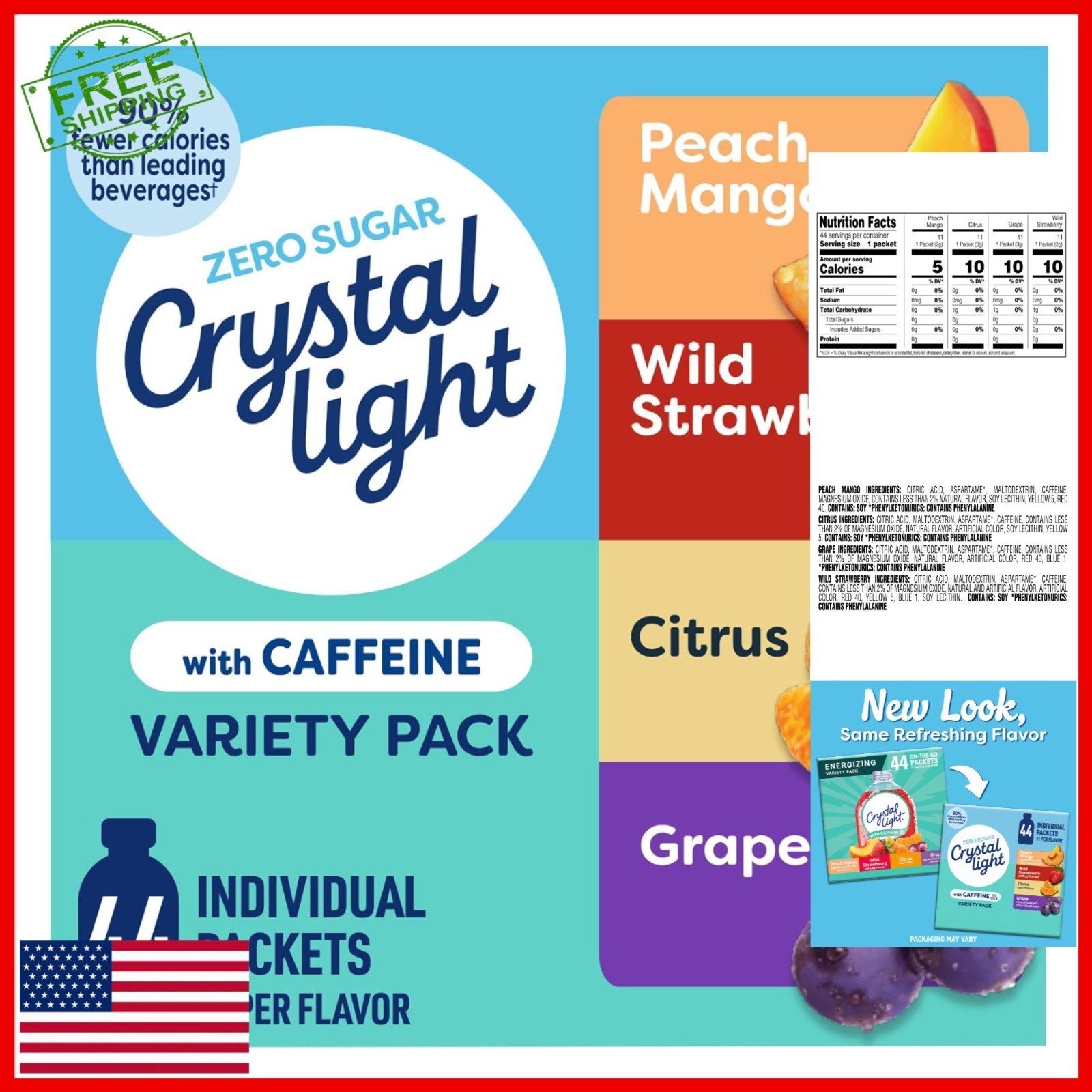 Crystal Light Energizing Drink Mix Variety Pack, 44 Packets, Zero Sugar