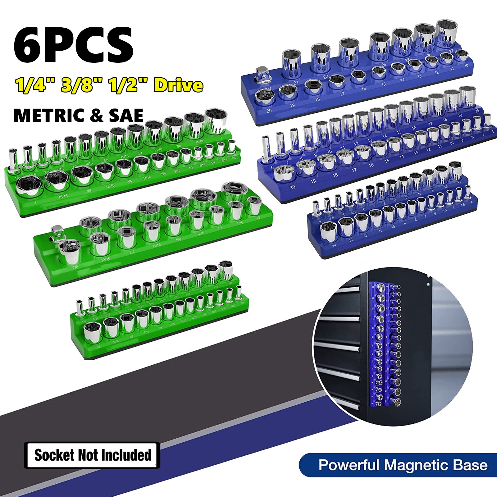 Magnetic Socket Organizer Holder 6-PACK Set 1/4'' 3/8'' 1/2'' Drive Metric + SAE