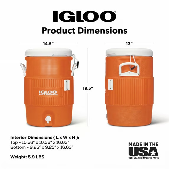 Igloo 5 Gallon Heavy-Duty Beverage Cooler, Orange