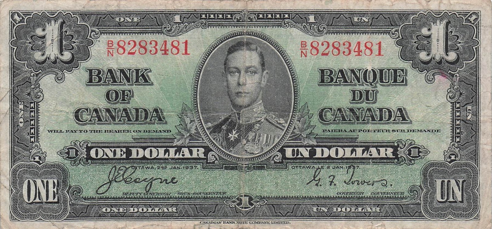 Canada  $1  Ottawa , 2.1.1937  Series B/N  Kg. G. VI   Circulated Banknote ES Z