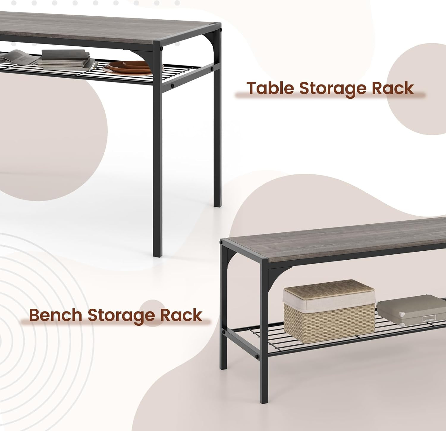Compact 4-Piece Dining Set with Bench & Storage - Industrial Style (Black & Grey