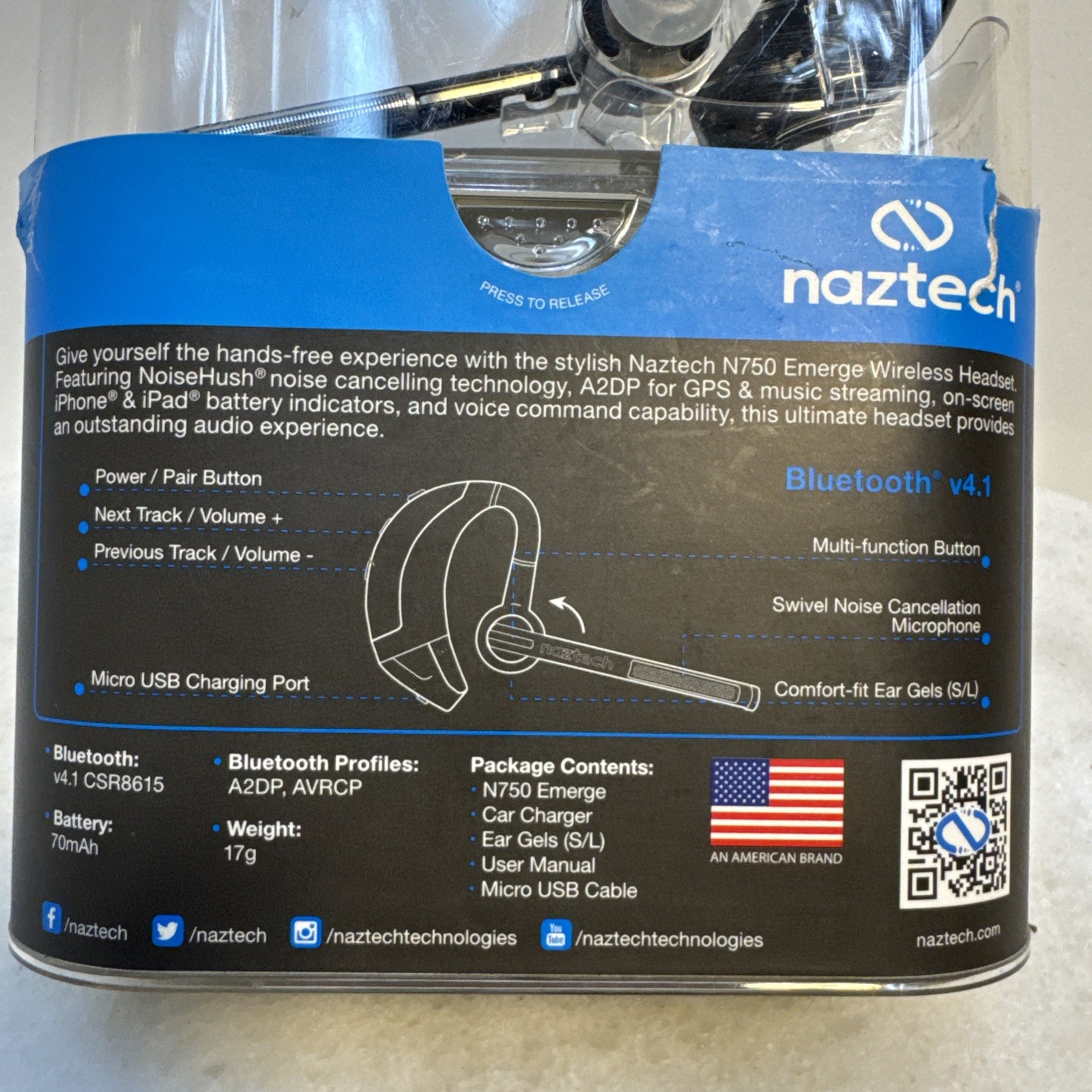 Naztech N750 Emerge Wireless Headset - New OPEN BOX