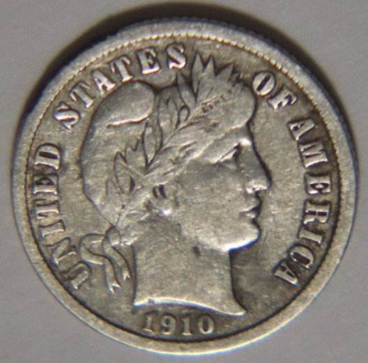 1910 P Barber Dime 10C Cents Coin Silver, VF!