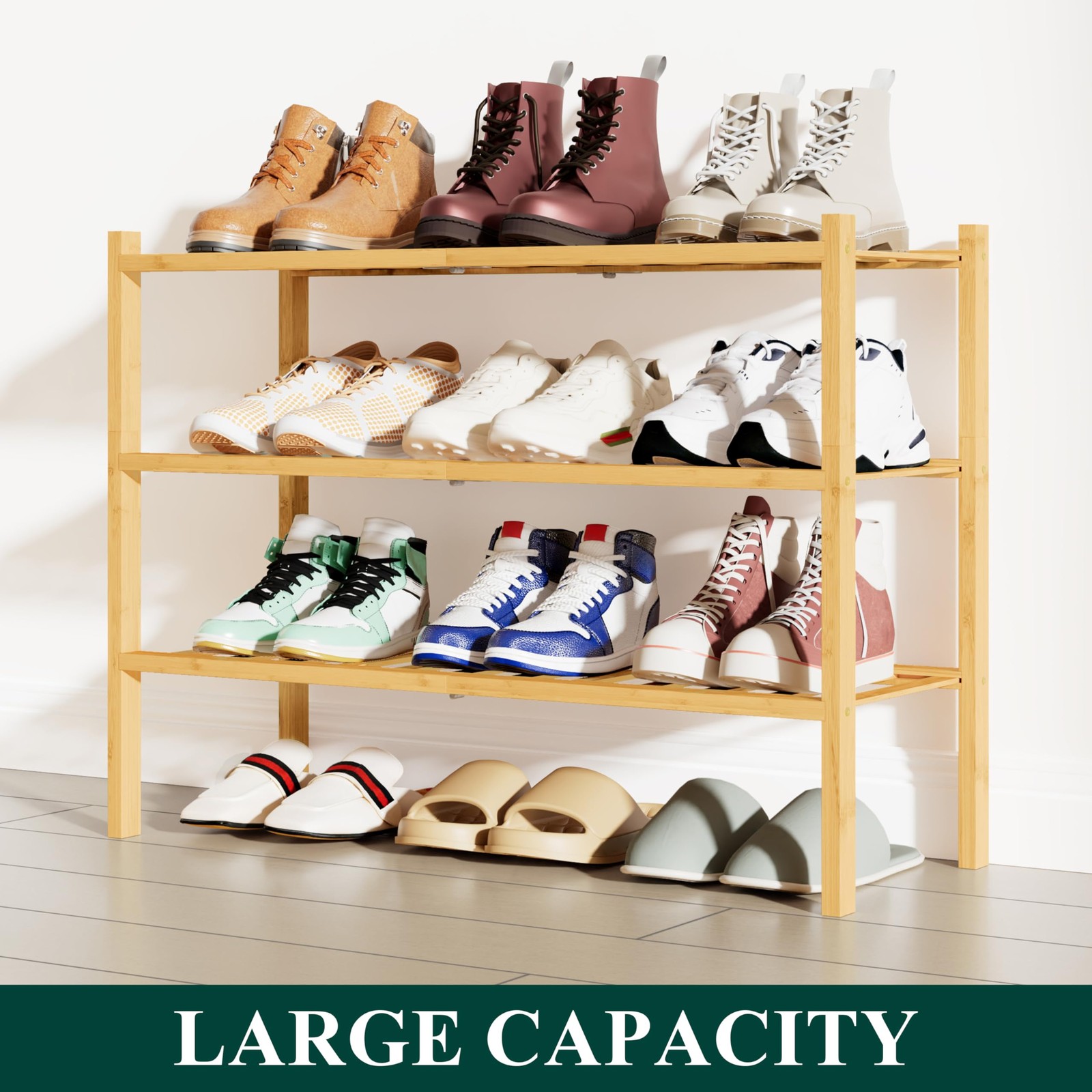 Shoe Rack, 3 Tier Bamboo Shoe Organizer, Stackable Free Standing Wooden Shoe ...