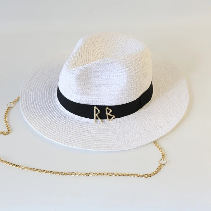 Metal RB Letter Straw Hat Women Men Summer Outdoor Beach Panama Fashion