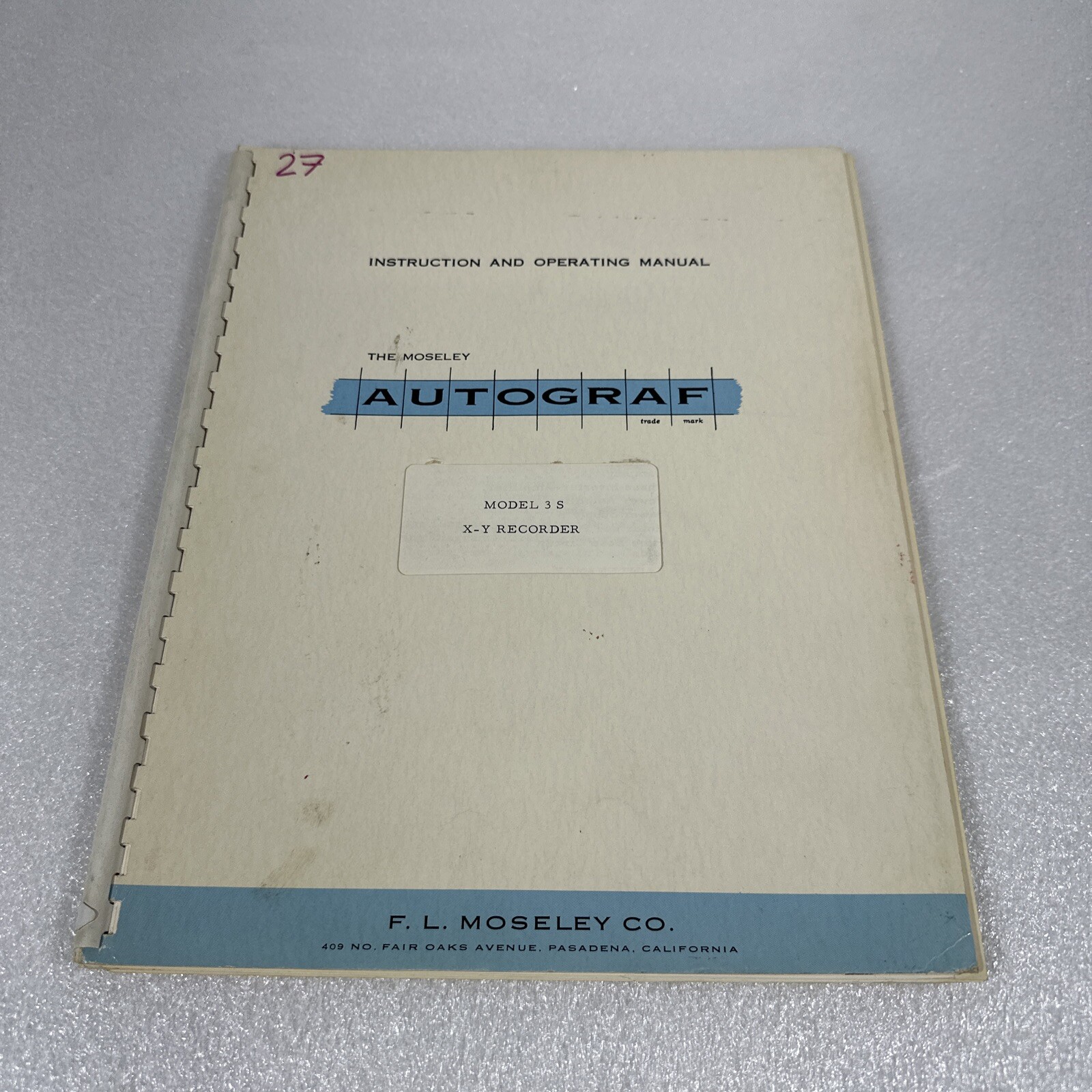 F. L. Moseley Model 3S Autograf X-Y Recorder Instruction Operating Manual
