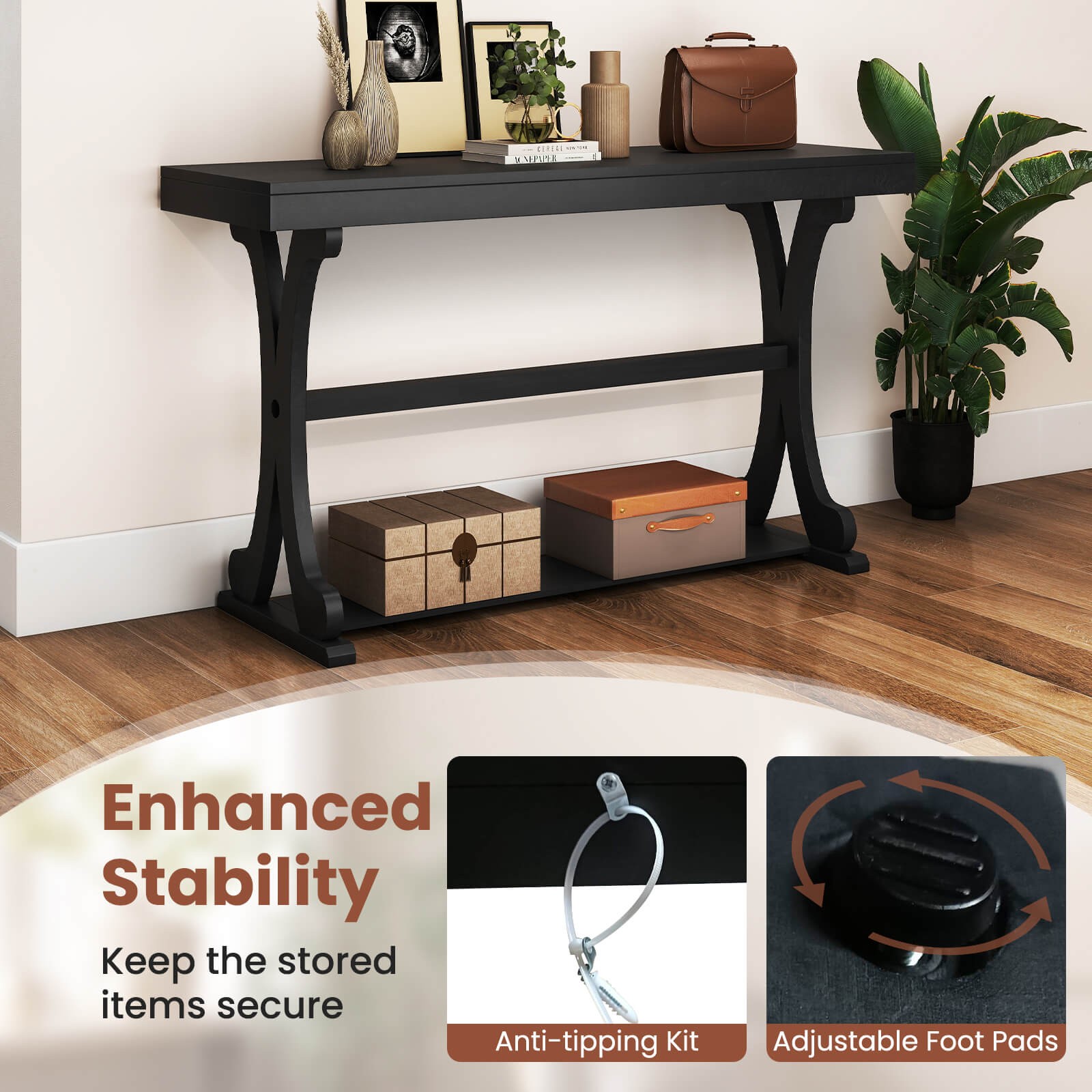 Narrow Console Table Vintage Accent Sofa Table with Open Storage Shelf Black