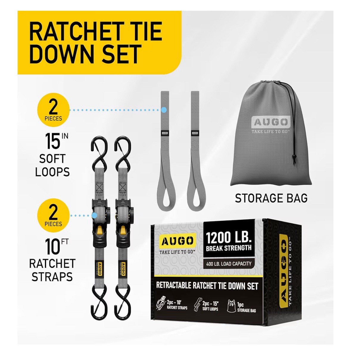 AUGO Retractable Ratchet Tie Down Straps 2 Pack 10FT 1200lb Heavy Duty Cargo