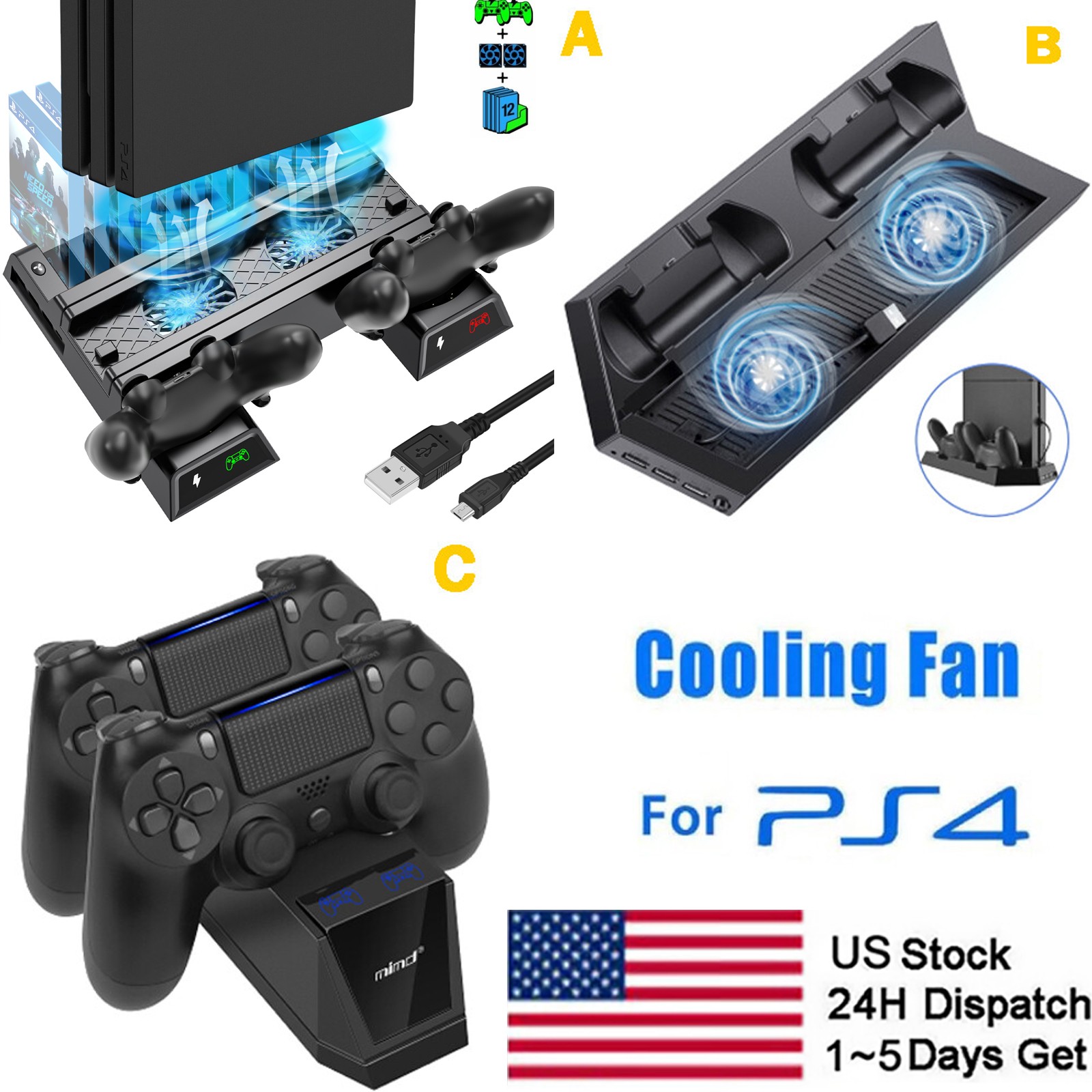 Dual Charger Station Controller Stand Cooling Fan For PlayStation 4 PS4 Slim/Pro