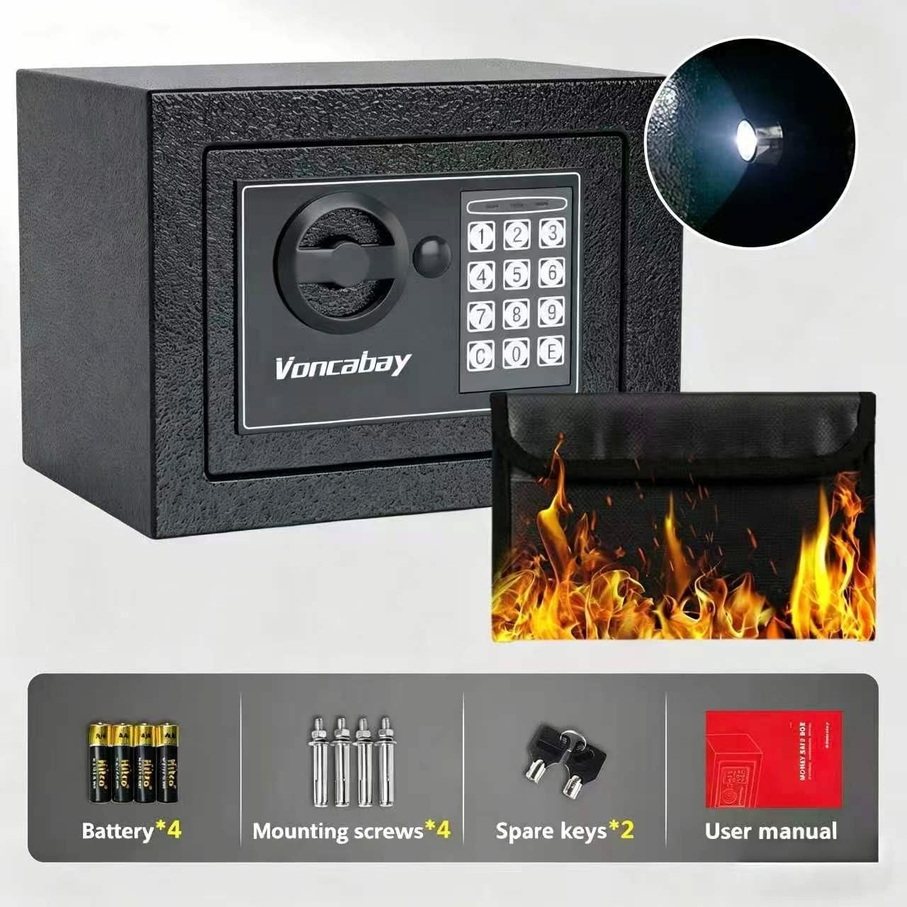 Home Security Safe Box with Sensor Light & Fireproof Money Bag