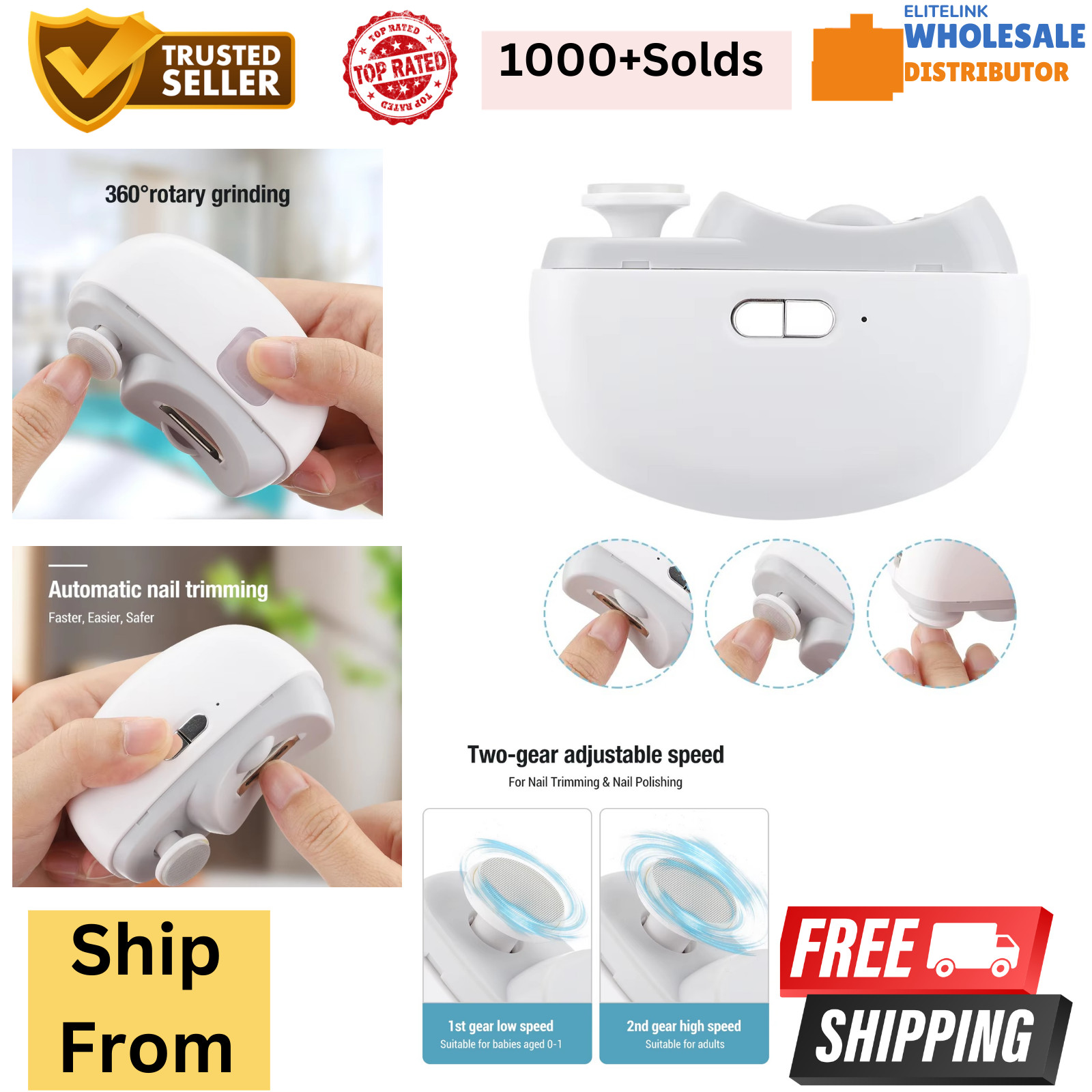 White USB Automatic Electric Nail Clipper With Cleaning Brush Nail Trimmer Grind