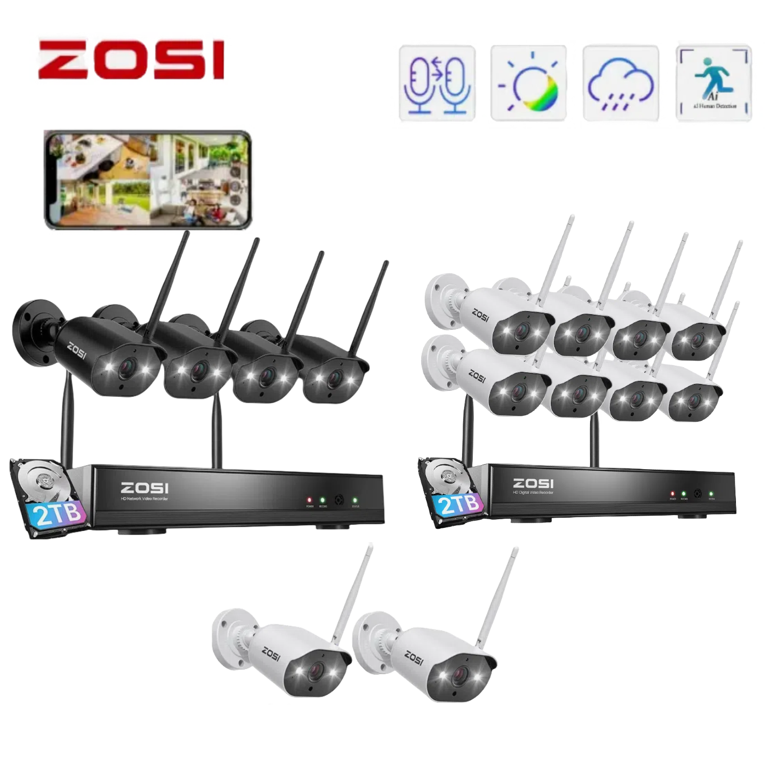ZOSI 8CH 3MP 2K Wireless Security Camera System Night Vision AI Human Detection