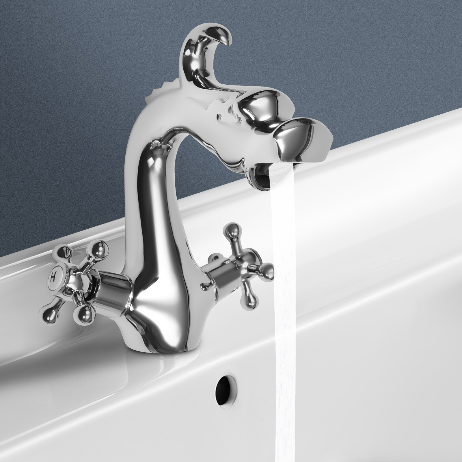 Silver Dragon-Shaped Two-Handle Bathroom Sink Mixer Faucet