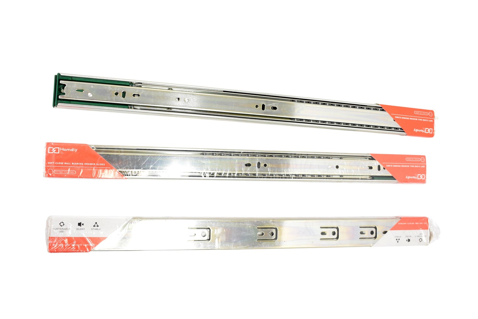 Homdiy 22 In Soft-Close Ball Bearing Drawer Slides Lot Of 3 Rails Silver Metal