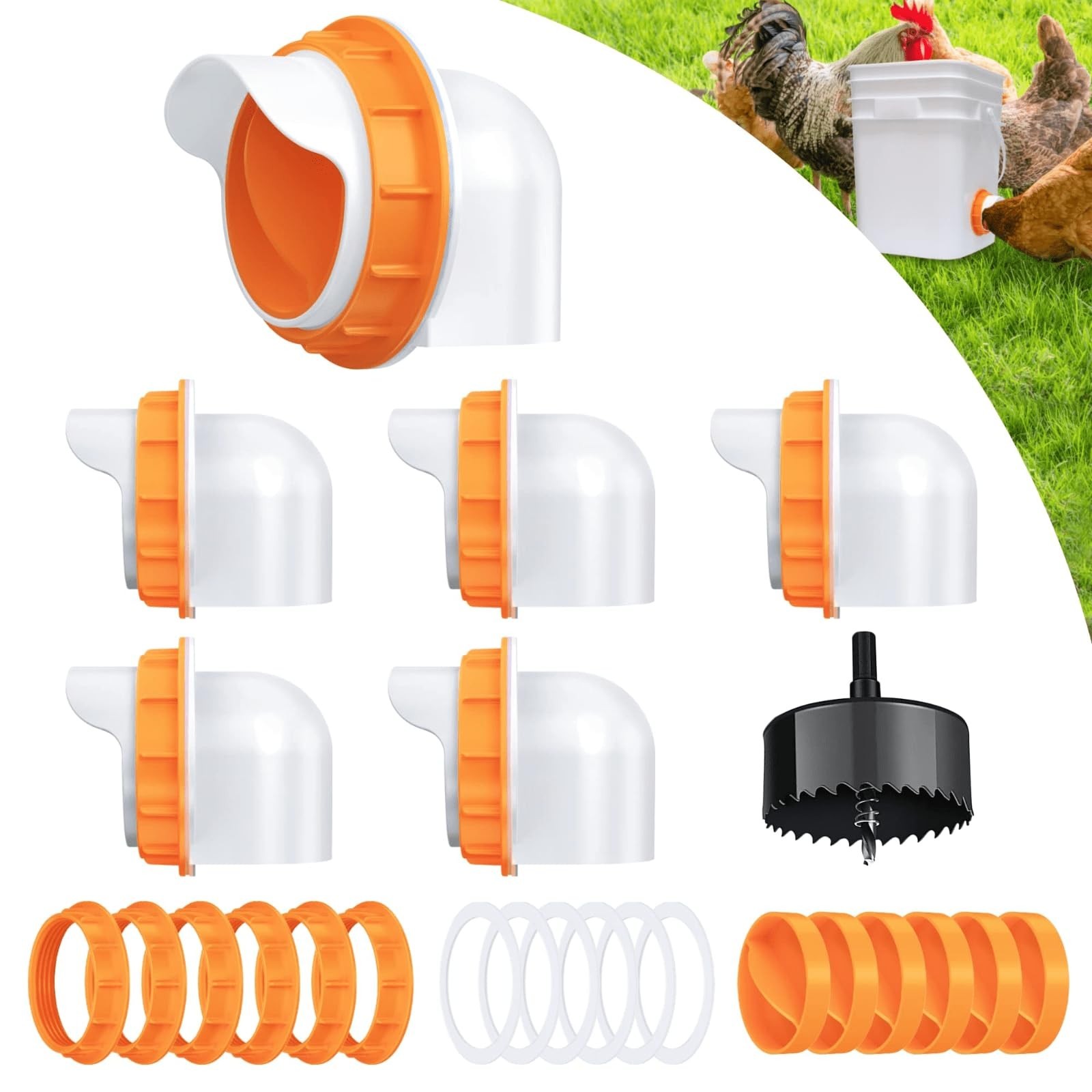 Chicken Feeder Port, 6 Pack Chicken Feeders No Waste with 6 Lids 1 Drill Bit,...